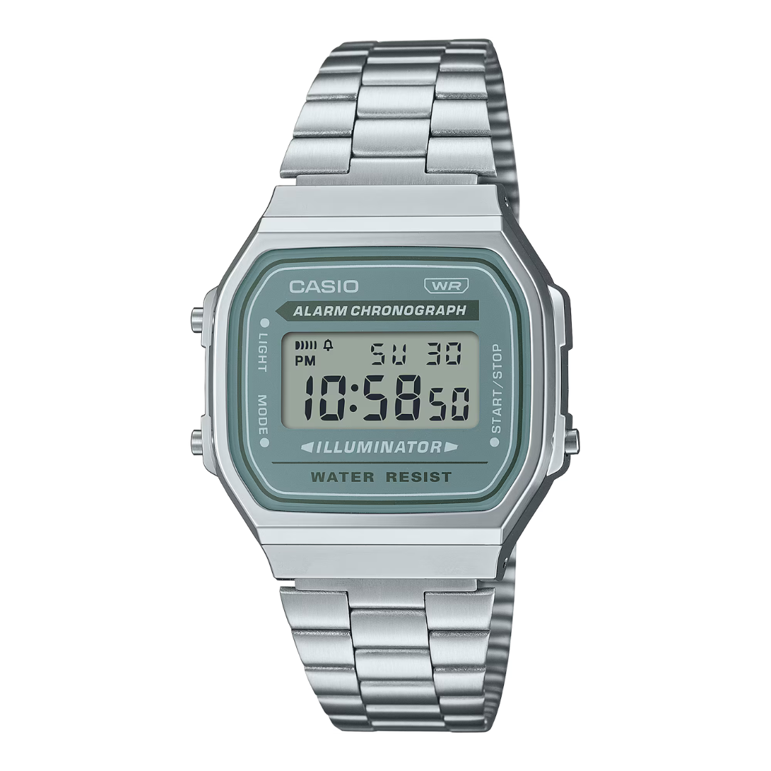 Casio A-168WA-3A Digital Watch – Green Dial – Stainless Steel Band