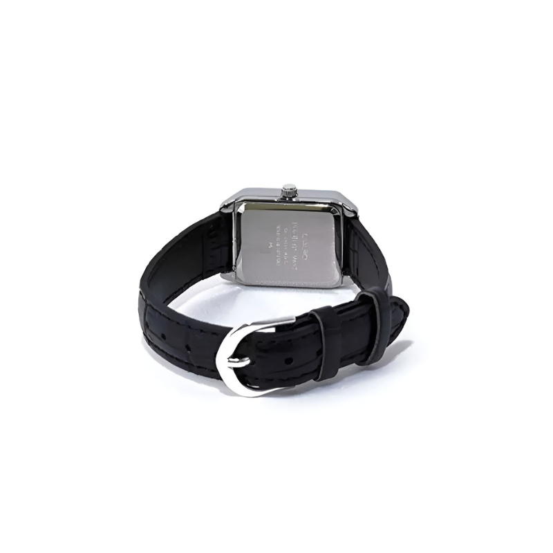 Casio LTP-V007L-7E1 women's watch rear view showing case back and black leather strap with buckle