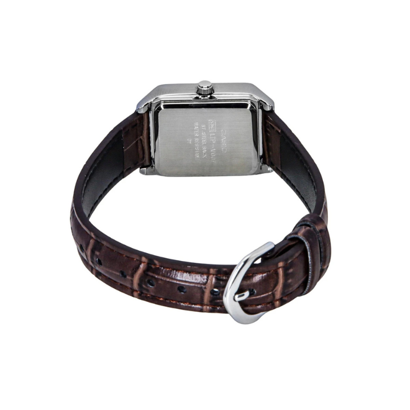 Casio LTP-V007L-7E2 women's watch rear view showing case back and brown leather strap with buckle