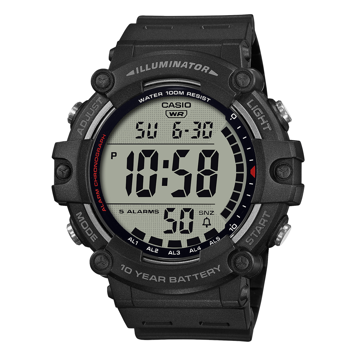 Casio AE-1500WH-1A — front view of black digital sports watch.