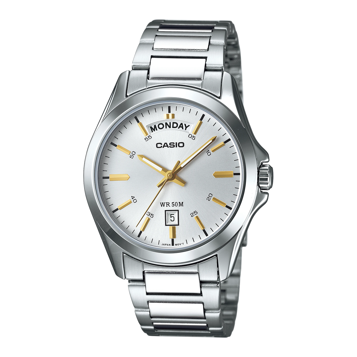 Casio MTP-1370D-7A2 watch with stainless steel bracelet, front view