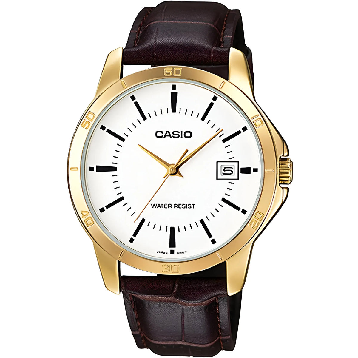Casio MTP-V004GL-7A — front view with white dial, gold-tone case and brown strap.