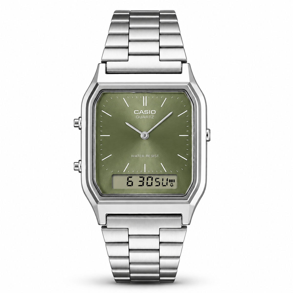Casio AQ-230A-3A Green Dial Vintage Watch - Analog Digital Silver