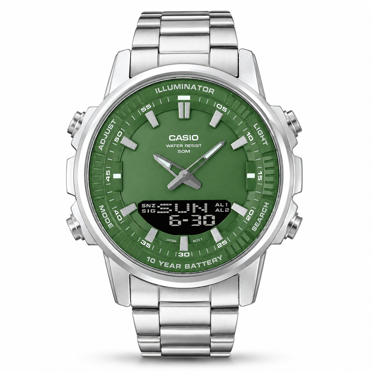 Casio AMW-880D-3A Green Dial Analog-Digital Watch - Men's Silver Steel