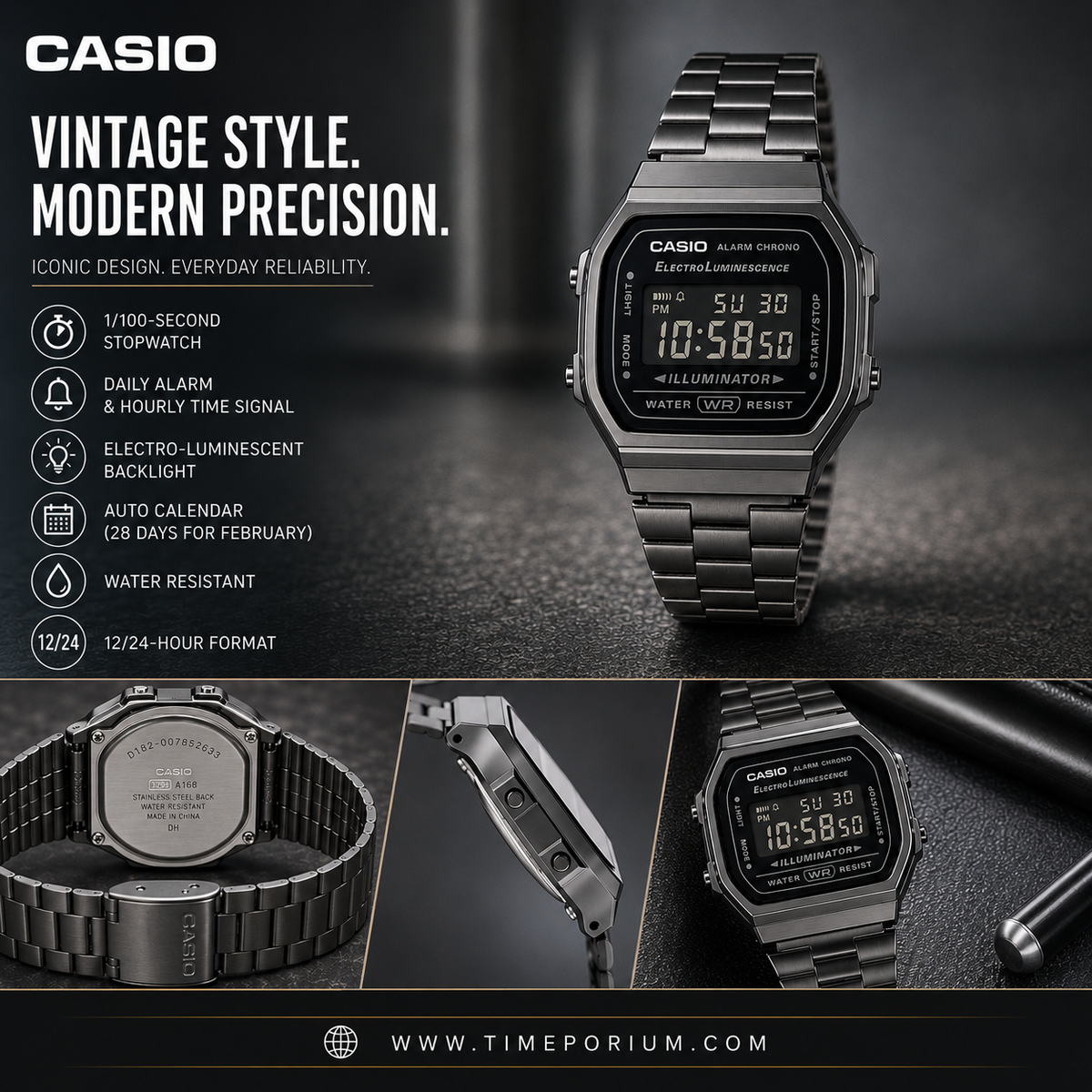 Casio A168WGG-1B Vintage Digital Watch – Gunmetal Grey Negative Display