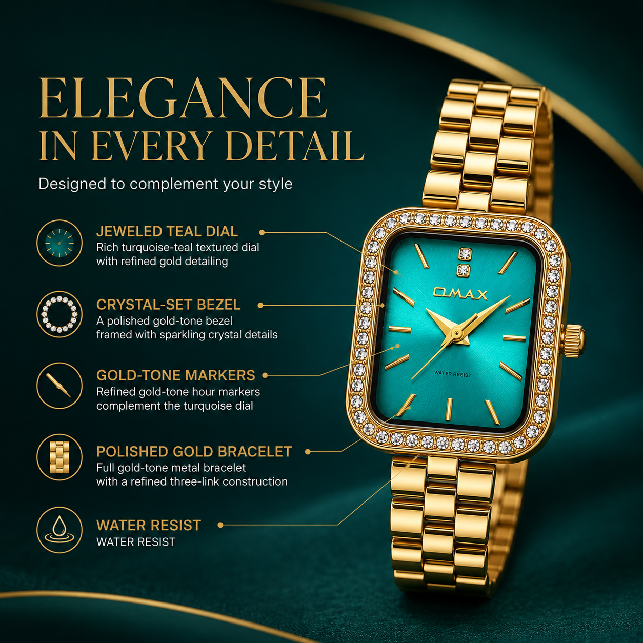 OMAX Ladies’ Watch – Jewelled Teal Elegance