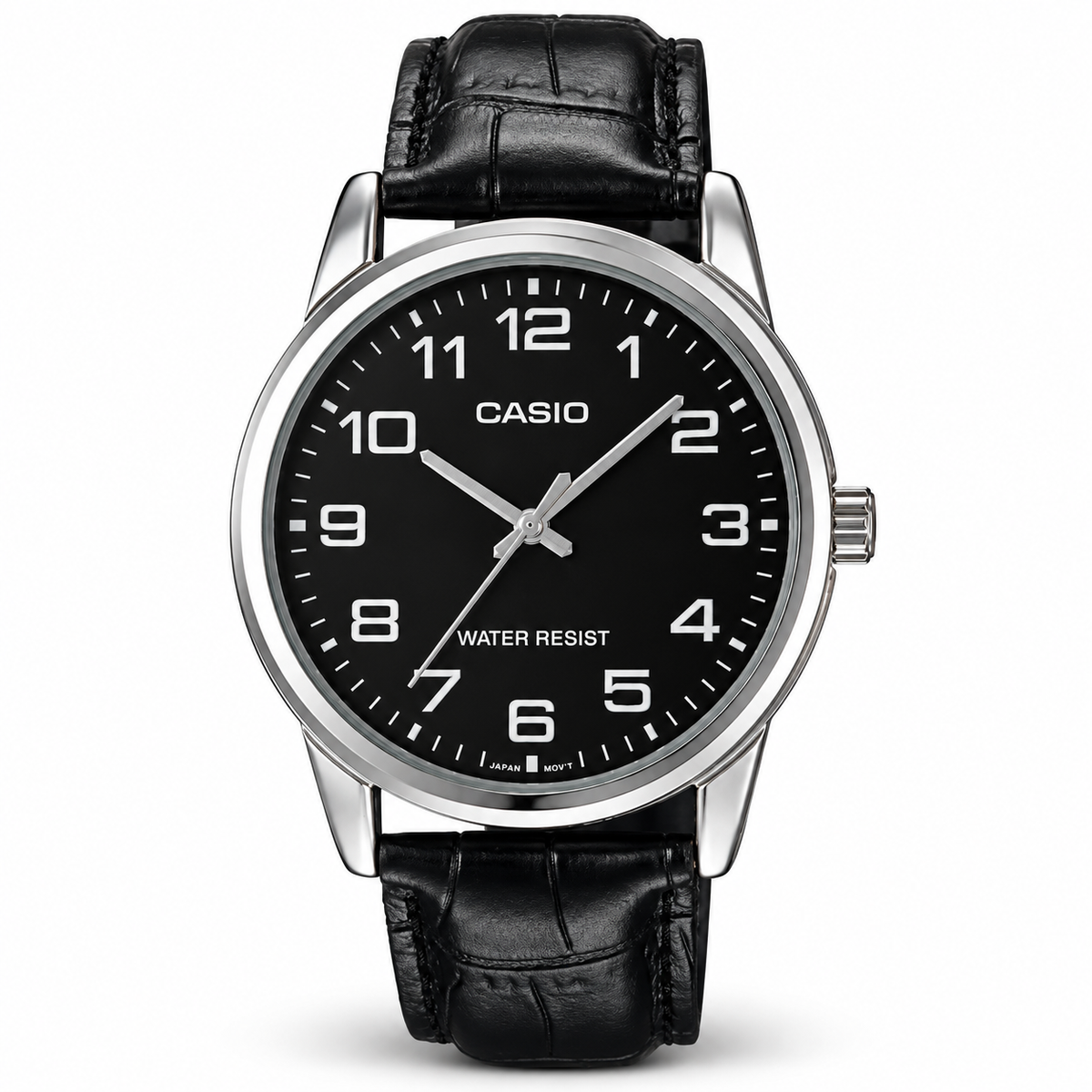 Casio MTP-V001L-1B men's analog watch with black dial and black leather strap