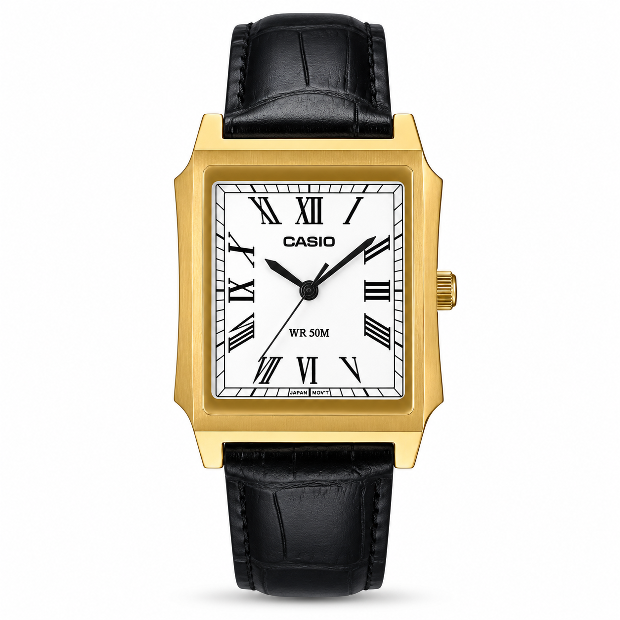 Casio MTP-B190GL-7BV | Men's Rectangular Tank Watch - Gold & Black Leather