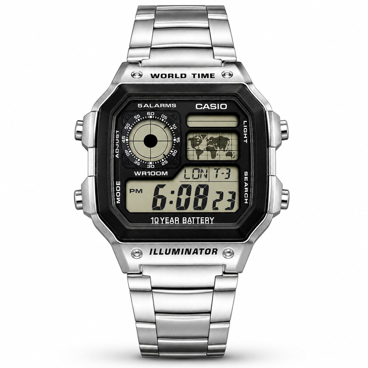 Casio Royale AE-1200WHD-1A World Time - 10 Year Battery - Silver Stainless Steel Watch