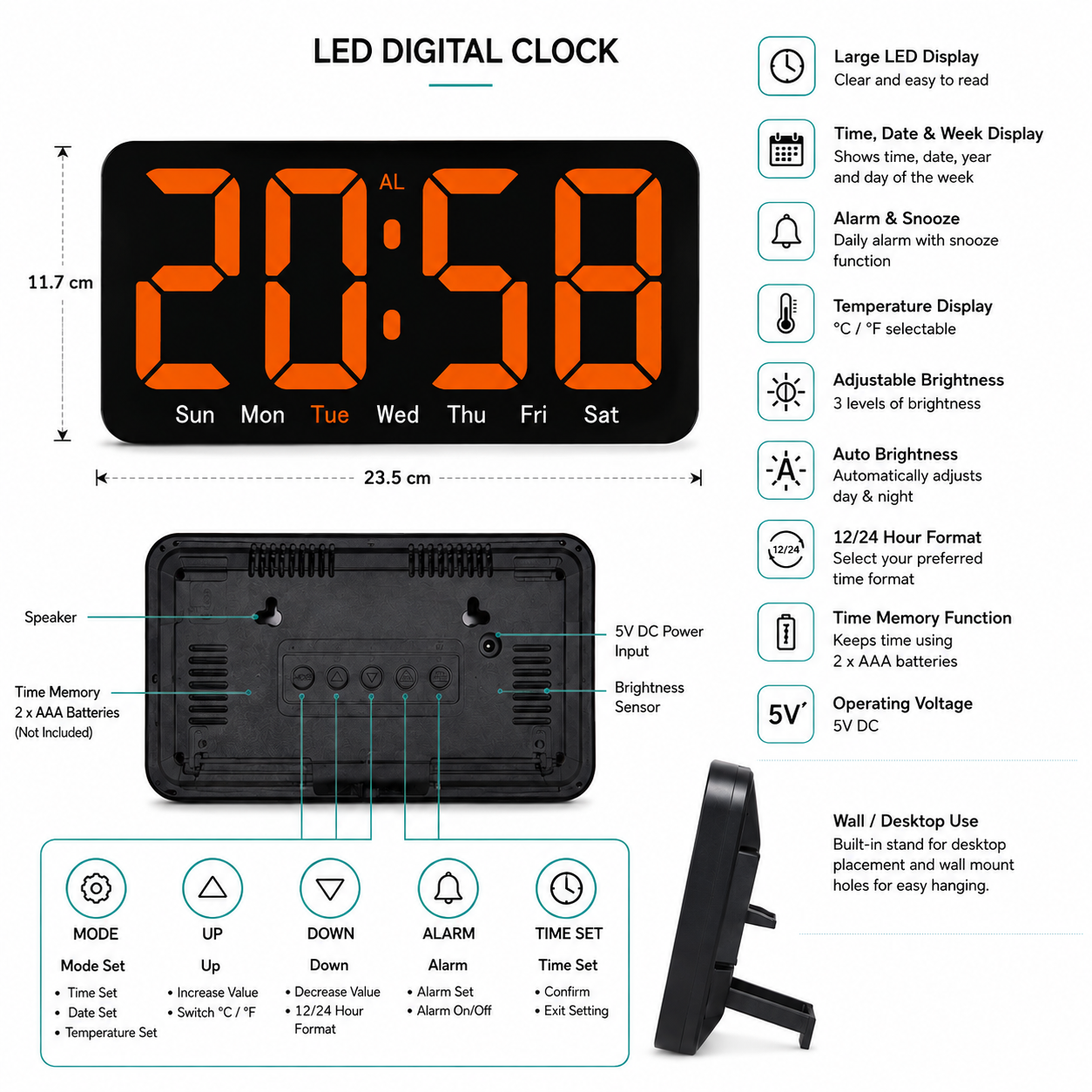 LED Calendar Digital Clock - Wall/Table - Home/Office