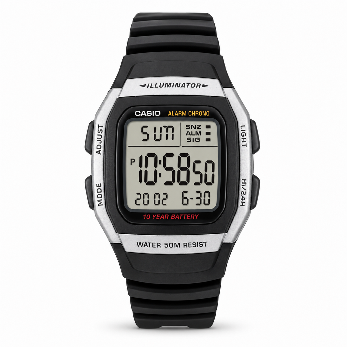 Casio W-96H-1A — front view with silver-tone case and black strap.