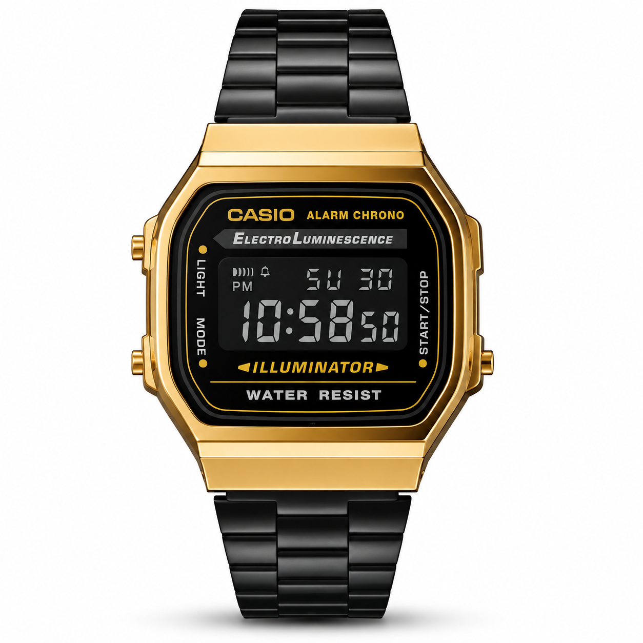Casio A168WEGB-1B Black-Gold Vintage Watch - Negative Display Edition