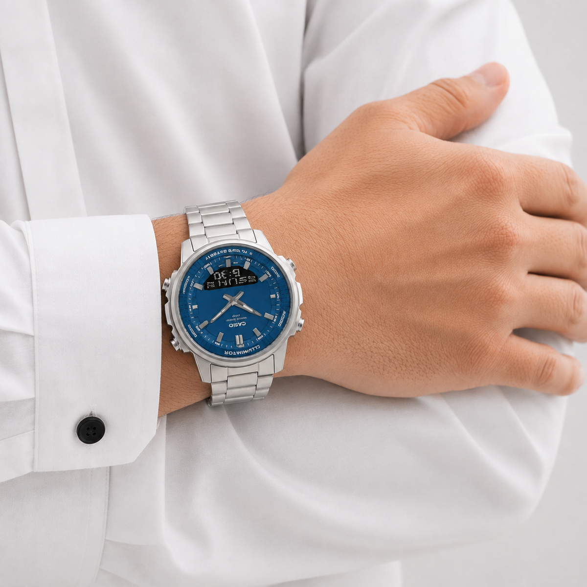 Casio AMW-880D-2A1 Analog-Digital Men's Watch - Blue Dial - Stainless Steel - 50M WR