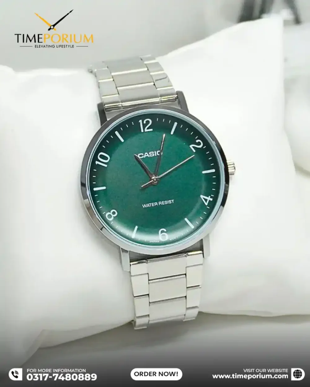 Casio MTP-VT03D-3B Orologio Uomo Analogico - Acciaio Inox, Quadrante Verde Concavo, Vetro Minerale, 40 Mm, 30m Water Resistant