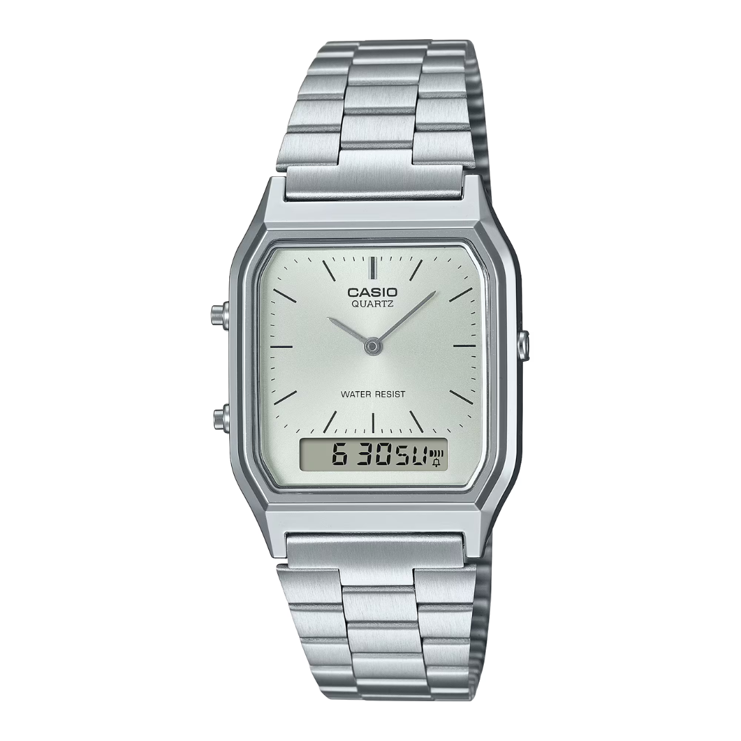 Casio AQ-230A-7AM Vintage Analog Digital Watch – Stainless Steel Silver Dial