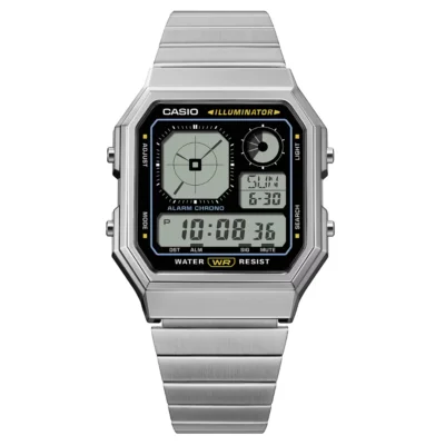Casio A130WE-1A Retro Digital Watch - Silver Stainless Steel Band - Black Dial